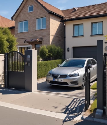 a car parked in front of a house and swing gate with comunello abacus gate motor