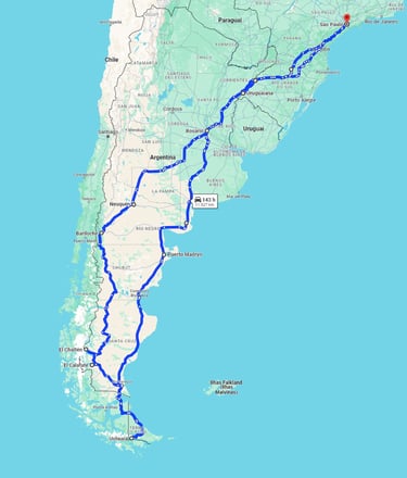 Mapa do Google Maps mostrando a rota percorrida na expedição.