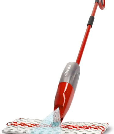a red and white mop with a red handlebar