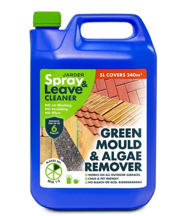 Jarder Spray and Leave 5L green mould and algae remover bottle for outdoor patio and deck cleaning.