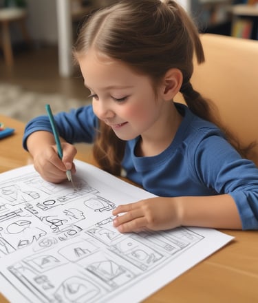 Cheerful kids engaging with printed worksheets, smiling and learning.