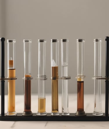 A luxurious perfume presentation including a glass bottle of perfume with a metallic cap, a white box with branding, and a smaller test vial. The setup conveys elegance and sophistication.