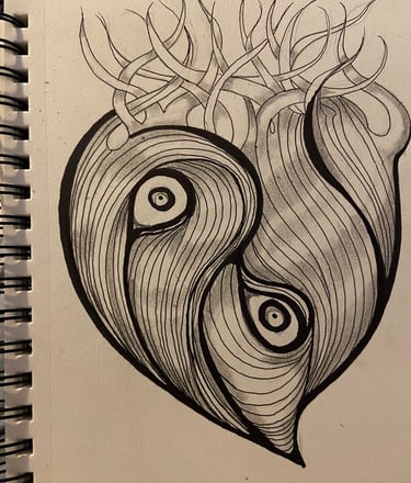 Pen and ink drawing of a bleeding heart