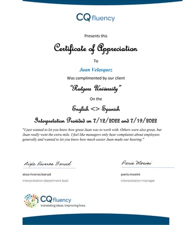 Certificate of Apreciation to Juan Velasquez