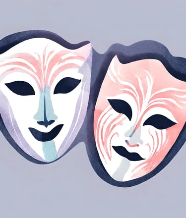 Watercolour image of the drama masks, one happy, one sad, in green, light purple and dusty peach