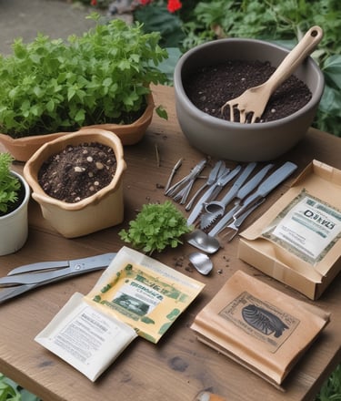 A gardening scene with seed packets for tomato, pepper, basil, marigold, and poppy varieties scattered on a wooden surface. Soil is spilled from a metal scoop, and small biodegradable pots are nearby. Gardening tools, including a small hand rake and a brush, add to the setting. A small green succulent adds a touch of color.