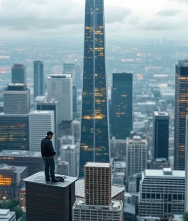 a man standing on top of a building and gauging strength of the person 