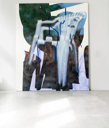 Large-scale abstract expressionist painting with blue and black brushstrokes in a bright gallery.