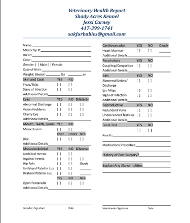 shady acres kennel health report