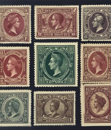 A collection of rare stamps displayed elegantly.