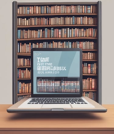 A person is holding a smartphone displaying a digital library application while surrounded by shelves filled with books. The shelves are arranged in rows, and the lighting creates a warm and cozy atmosphere. The individual appears to be browsing library services or book information on their phone.