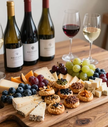 Gourmet charcuterie board with artisan shortbreads, aged cheeses, fresh fruit and wine pairings from