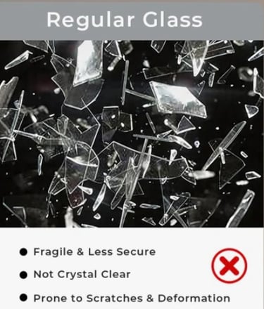 Shattered regular glass shards demonstrating fragility and lack of security.