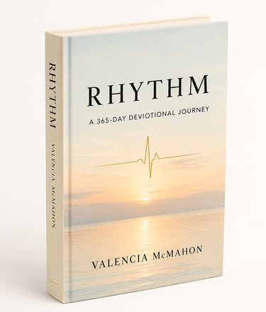 Rhythm: A 365-Day Devotional Journey book by Valencia McMahon featuring a sunset ocean cover.