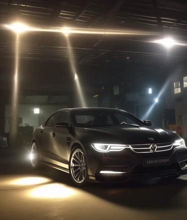 Close-up of sleek LED headlights glowing with crisp brightness on a luxury car in a dark showroom.