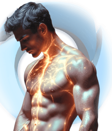 Man with glowing orange energy veins symbolizing power and vitality and stem cell regeneration.