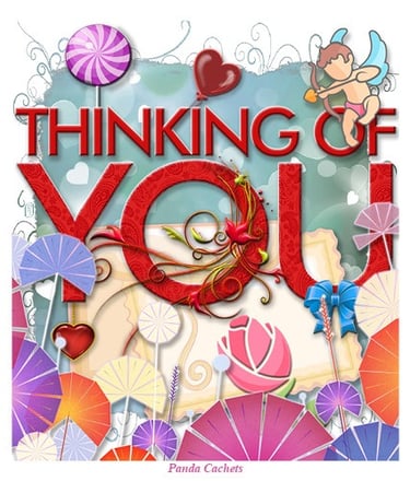 Cachet illustration of Thinking of You design with cupid and artistic flowers