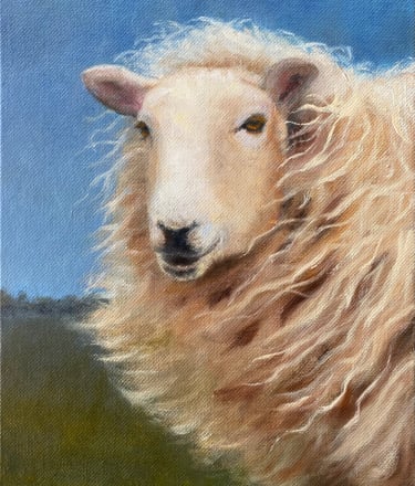 Limited edition giclee print of a sheep on a windy day close up