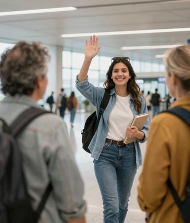 A welcoming classroom with warm lighting and English learning materials on the walls.