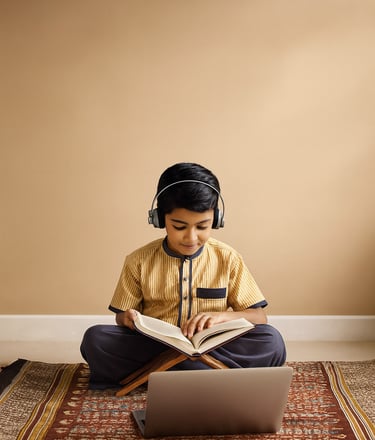 Student attending an online Quran class at Everdeen Academy.