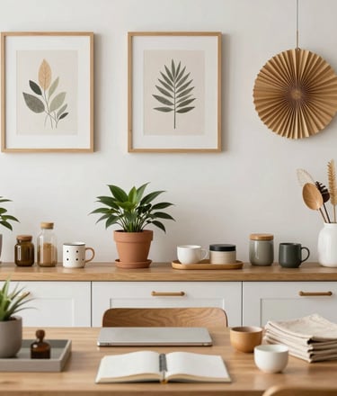A sleek bundle of home products neatly arranged on a white minimalist table with bright natural light.