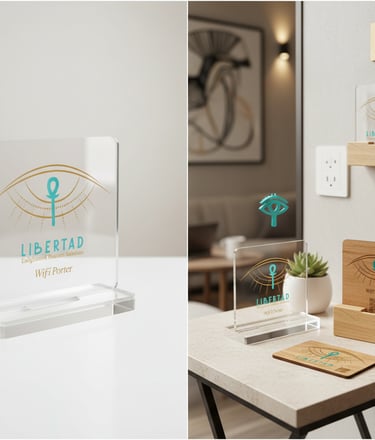 Custom acrylic and wooden Wi-Fi porter stands with branded logo for hotel guest connectivity.
