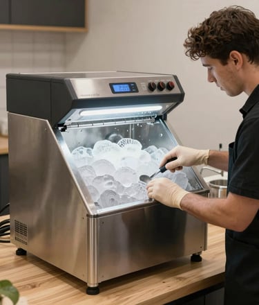 Close-up of digital tools measuring and calibrating a high-end Miele appliance with golden accents.