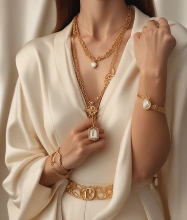 Close-up of a stylish necklace and bracelet set on a soft beige fabric background