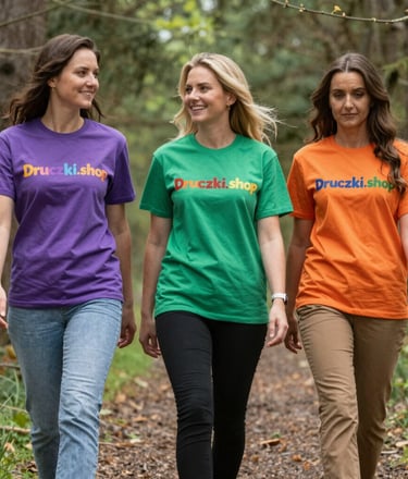 A pair of hands holding a colorful women's T-shirt with detailed DTF print against a green backdrop