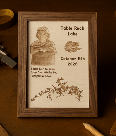 Lake & Photo Plaques Etched in Wood with Laser Engraving.