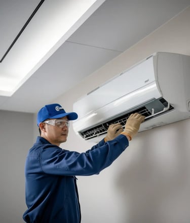 Técnico da Central Ar Condicionado e Climatizadores realizando manutenção e limpeza em aparelho split. Serviços de instalação