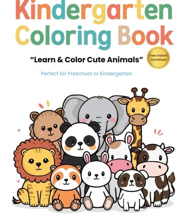 Kindergarten coloring book cover featuring cute cartoon animals like a lion, panda, and elephant.