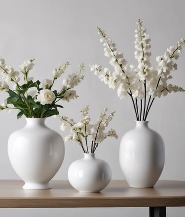 An elegant ceramic vase with fresh wildflowers placed on a rustic wooden table by a sunlit window.