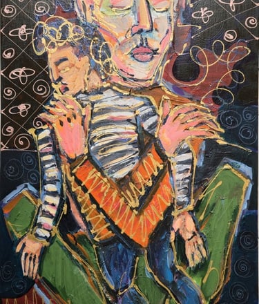 Expressive figurative Leinwand: zwei Gestalten in Umarmung, leuchtende Farben, weiße Linien – Romeo