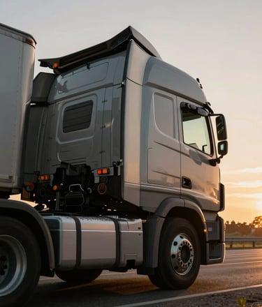 Low-angle heroic shot of a clean modern semi-truck cab parked at dawn, dramatic golden-hour highway light, cinematic commercial photography, 35mm lens