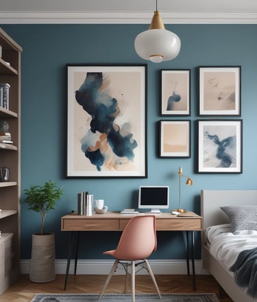 A cozy living room wall decorated with a framed printable abstract art piece in warm earth tones.