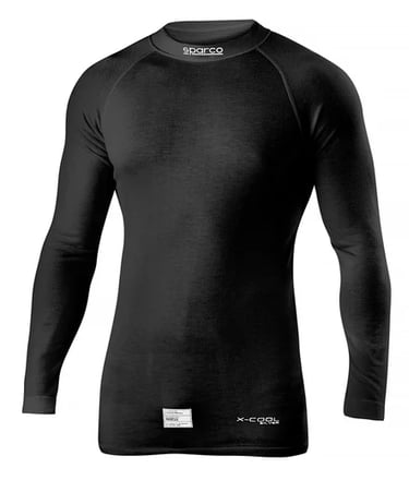Sparco black fireproof racing long sleeve undershirt with X-Cool technology for driver safety.