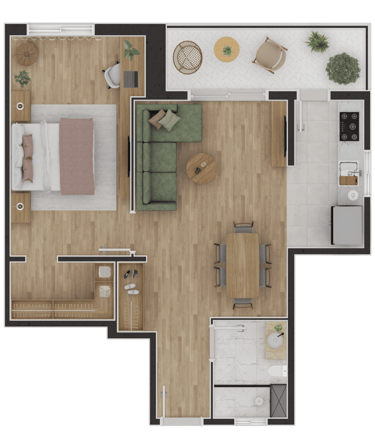 Planta humanizada de apartamento para apresentação de projeto de interiores.