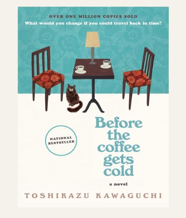 book cover of Before the Coffee Gets Cold - brown table with two chairs and brown cat