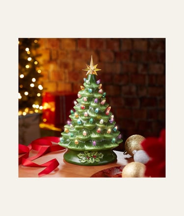 Casafield Hand Painted Ceramic Christmas Tree, Green 15-Inch Pre-Lit Tree 