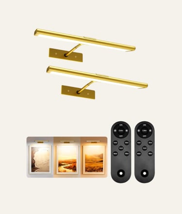 Dimmable gold picture light with remote control and adjustable color temperatures for wall art display.