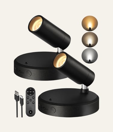 Adjustable black LED spotlight with remote control, USB charging cable, and three adjustable color temperatures.