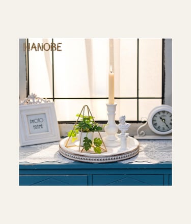 Hanobe Decorative White Washed Bead Round Serving Tray Wood