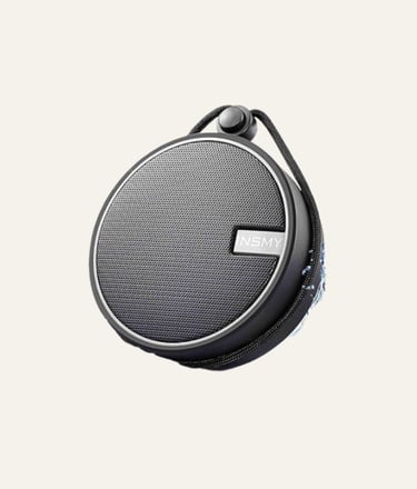 INSMY portable waterproof Bluetooth speaker in black with a compact round design and carrying cord.