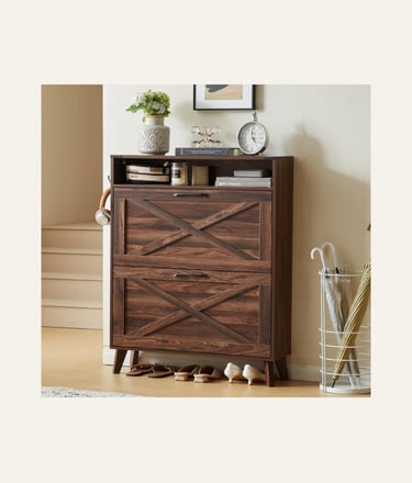 Rustic brown wooden shoe storage cabinet with X-pattern doors in a home entryway.