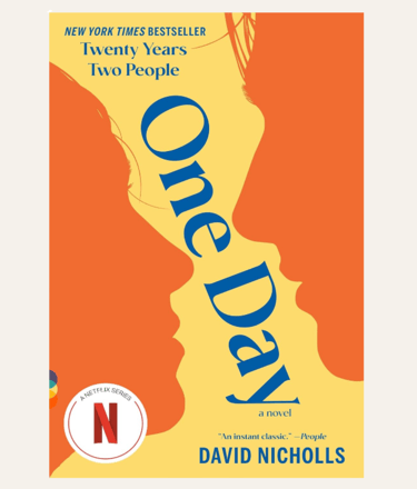 book cover orange face profiles on yellow background of novel called One Day
