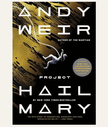 book cover with small grey human figure of the Project Hail Mary novel