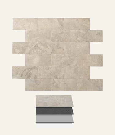 Beige textured stone backsplash tiles in a staggered layout for modern kitchen wall decor.