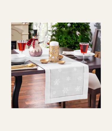 Snowflake Embroidered White Christmas Table Runner 