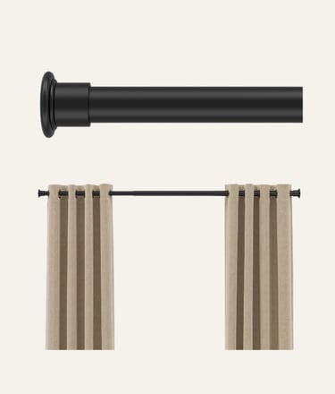 Matte black adjustable tension curtain rod with beige grommet drapes for window treatment.